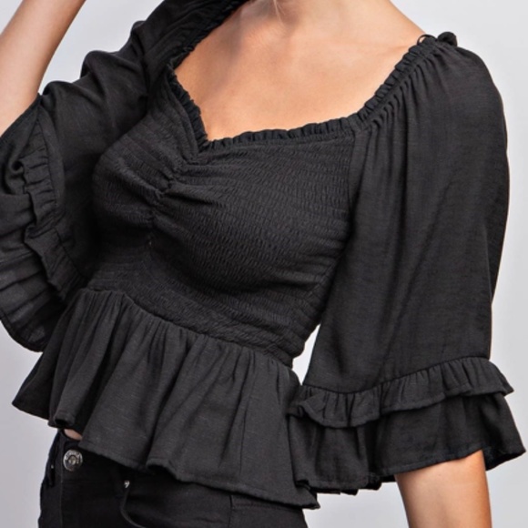 "The Sarah” Black Sweetheart Neckline Smocked Ruffle Top - Picture 5 of 6